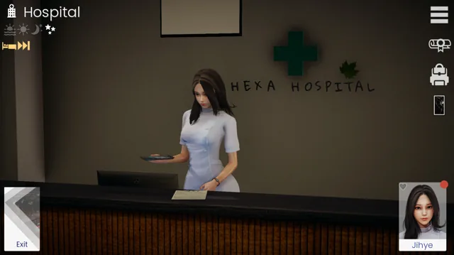 Jihye 站在 Hexa Hospital 的接待台后