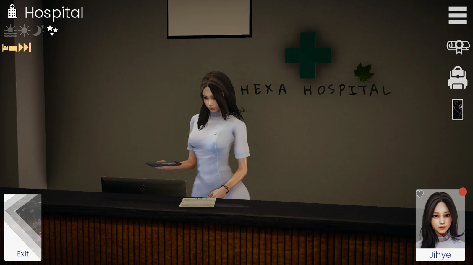 Jihye 站在 Hexa Hospital 的接待台后